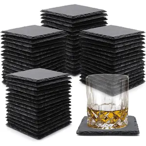 60 Pack Slate Drink Coasters, 4 Inch Black Slate Stone Coasters Bulk Cup Coaster Laser Engraving Blanks with Anti-Scratch Bottom for Drink Coffee Bar Kitchen Home Decor, Square