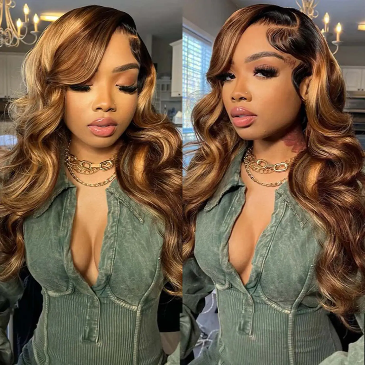 ZLIKE Honey Blonde Highlight Wigs for Black Women, 13x4 Transparent Lace Frontal Virgin Hair, 250% Density, Pre-plucked and Adjustable, Body Wave, Body Wave Wig, Female, 13X4 Lace, Average Size, Can Be Dyed/Bleached, Free Part Wig