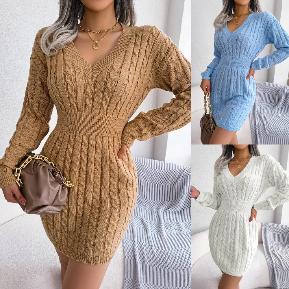 Autumn and winter fashion waist-cinching twisted knit dress sweater dress