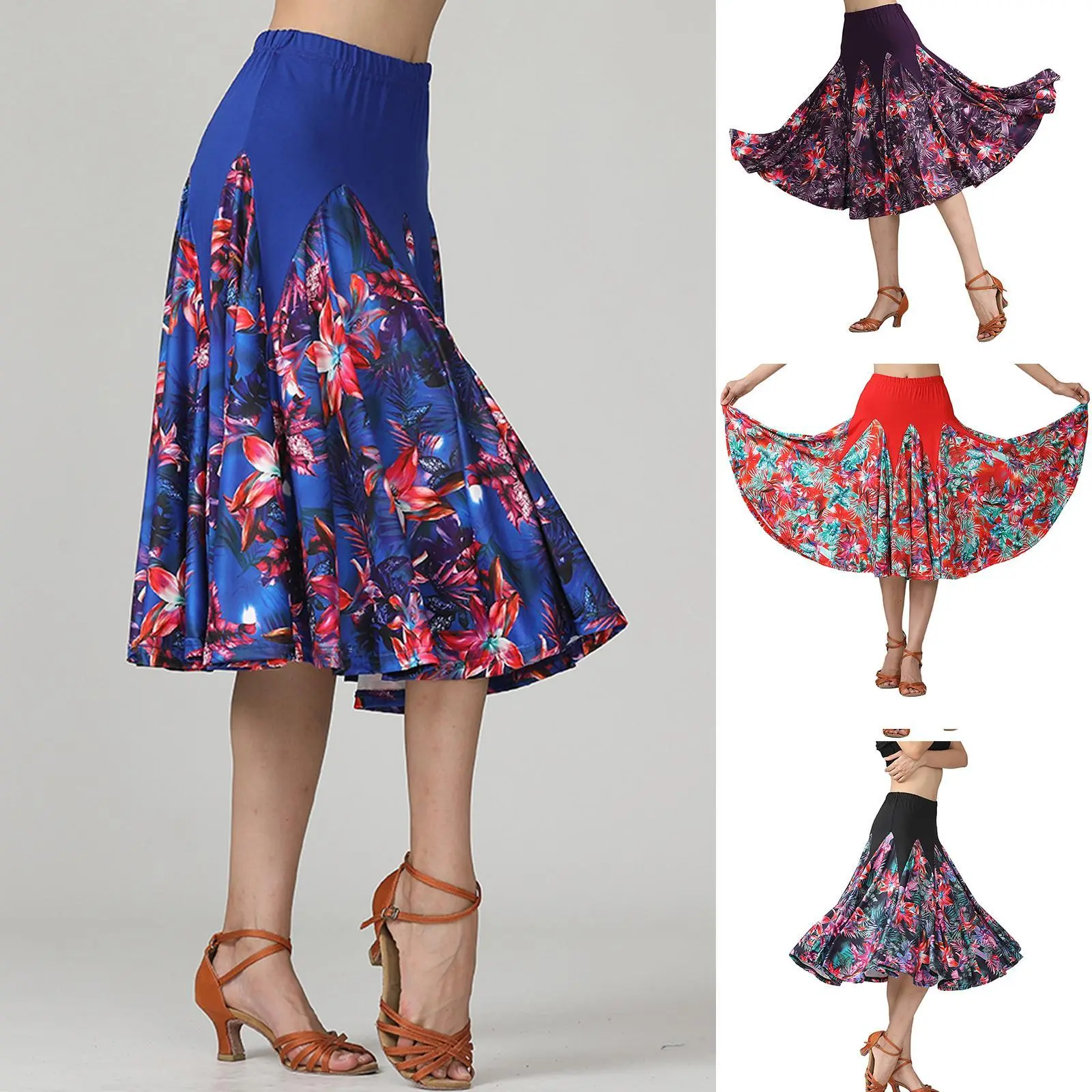 Elegant Womens Latin Ballroom Long Swing Dancing Skirt Dance Party Floral Tango Waltz Skirt Cha Cha Dress Lady Fashion Costumes