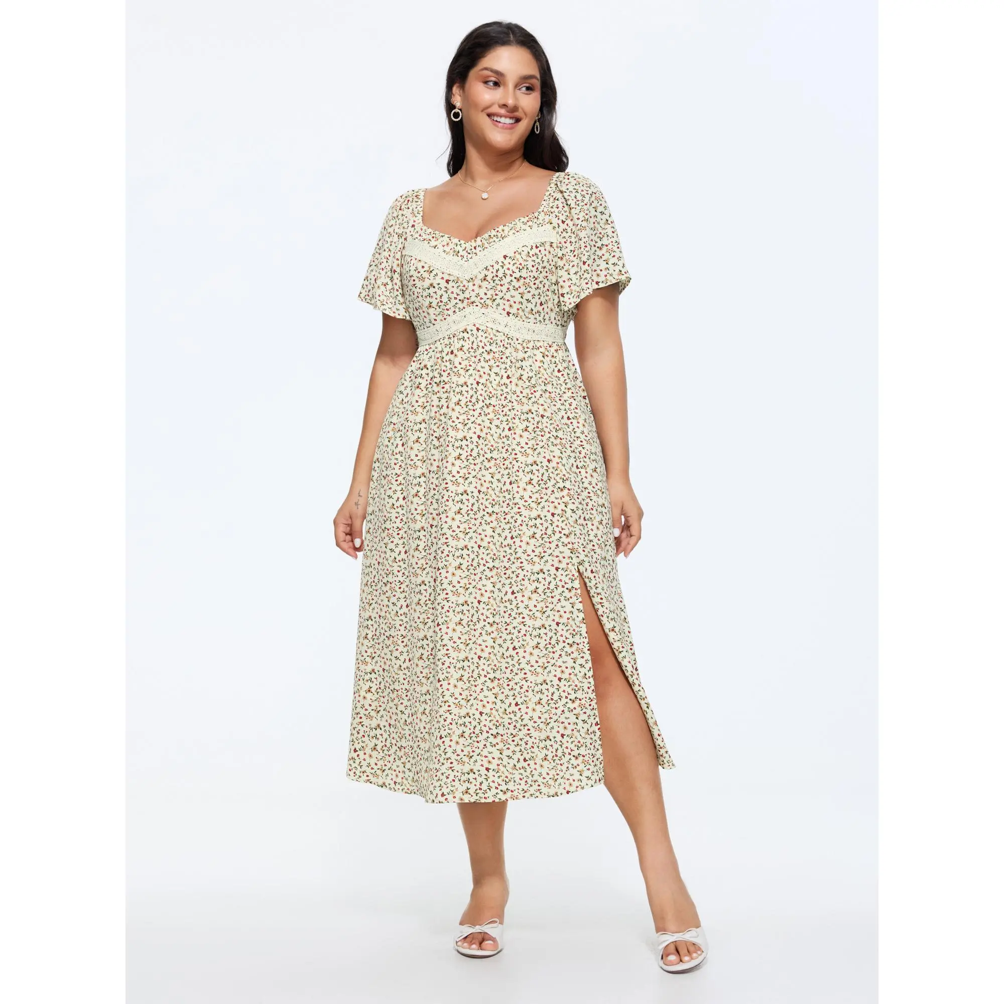 BLOOMCHIC Plus Size Polyester Smooth Garment Ditsy Floral Print Sweetheart Lace Neckline Short-Sleeve Casual Midi Dress [M-6X] 2026 Summer Deals Spotlight,Summerfinds