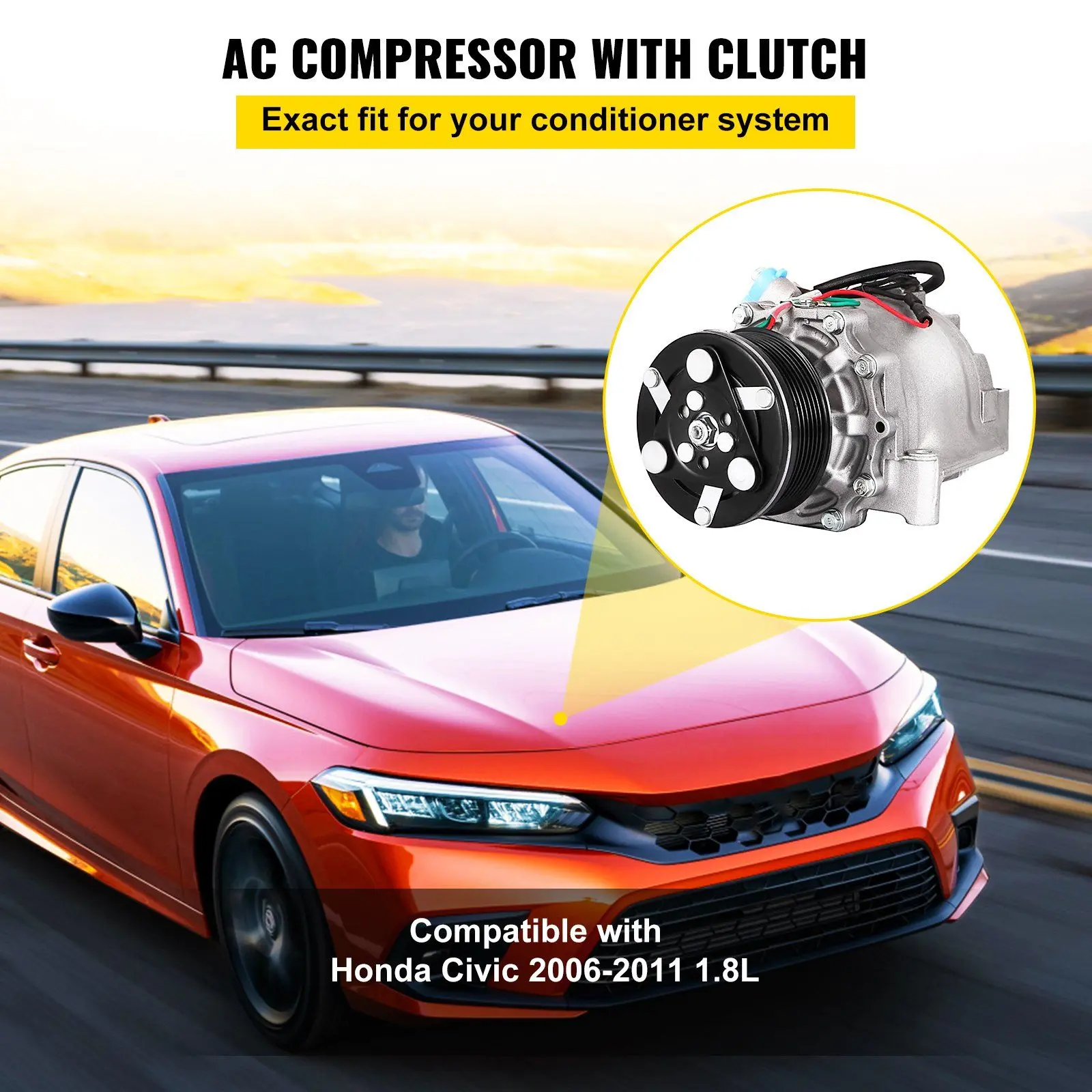 VEVOR 12V AC Compressor Clutch - Aluminum Alloy, OEM Quality, Exact Vehicle-Specific Fit for Honda Civic 1.8L 2006-2011, Fully Tested, Easy Installation, Fuel-Saving, Low Noise, Rapid Cooling Boost, 30-Day Free Returns Mechanical Hardware Component