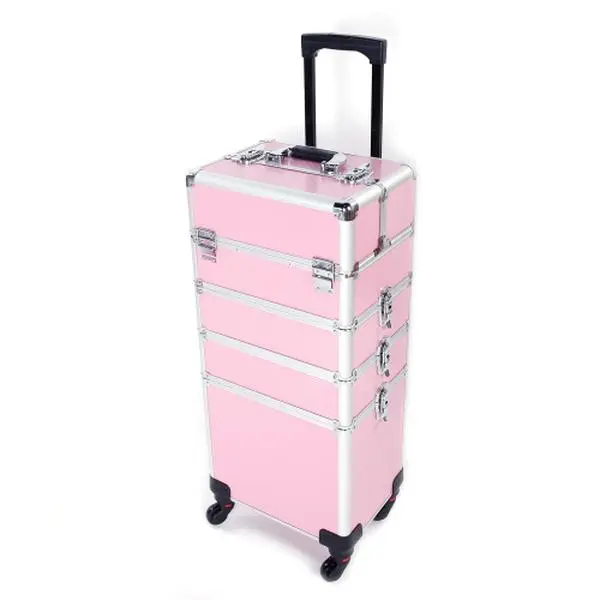 OmySalon 4-in-1 Key-Locked Rolling Makeup Train Case - Aluminum Body Storage Organizer with Bottom-Stored Top Case, Lift Handle, 4 Removable Rolling Wheels, Locking Latches, Travel Makeup Bags for Cosmetics