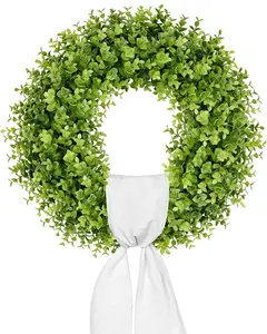 22 Inch Boxwood Wreaths for Front Door, Artificial Wreath with Sash for Porch Window Wall Farmhouse Wedding Home Decorations, Summer Green Wreath for Year Round Indoor &