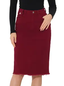 INSPIRE CHIC Casual Jean Skirt High Waist Back Slit Stretch Denim Skirts Dark Red