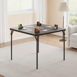 Folding Table, 33.6-inch Portable Square Folding Card Table, Black Metal Folding Table with PU Soft Cushion, Suitable for Living Room, Office, Camping