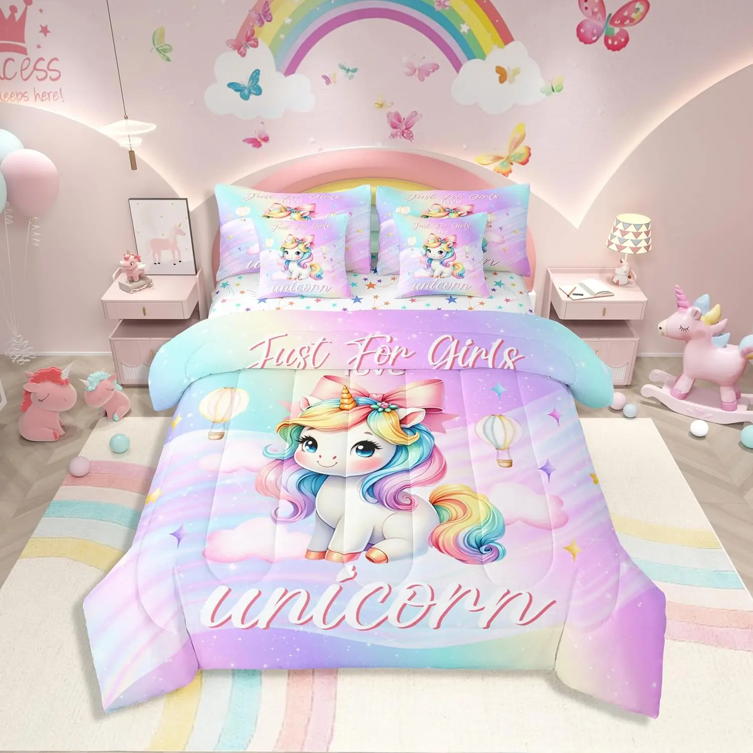 Feelyou 7-Piece Unicorn Print Bedding Set - Soft Breathable Ultra-Soft Microfiber, Rainbow Purple & Pink Bowknot Design, Girly Theme Comforter Set for Girls (Multi-Size), Soft Breathable Bedding
