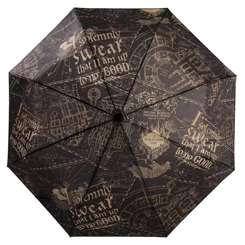 Harry Potter Marauder's Map "I Solemnly Swear" Compact Travel Umbrella, 10” Fold-Up, Auto Open, Flexible Fiberglass Frame Stays Light, Lightweight Eases Daily Carry, Included Sleeve