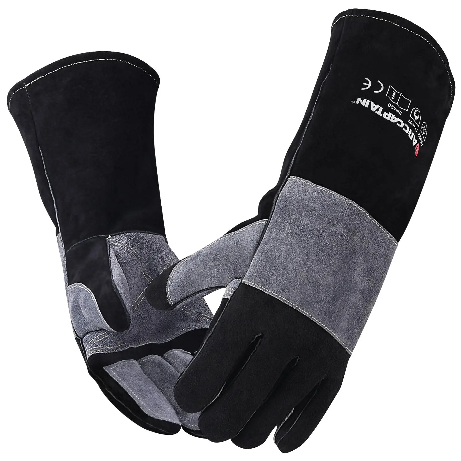 ARCCAPTAIN Leather Heatproof Construction Gloves - 16-in Extra Long Sleeve, 932℉ Heat Resistance, Leather Padding, Reinforced Stitching, for Stick & MIG Welding, Father's Day Gift Option, Safety Work Glove