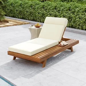 LOUNGE CHAISE SET WITH HEADREST, SPACE AVAILABLE ON ONE SIDE,ACACIA WOOD WITH WATER-RESISTANT LOUNGE CUSHIONS (BEIGE & 3-FOLD & 4 inch)
