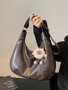 Women's PU Crescent Bag, Casual Shoulder Bag, Fashion Vintage Shoulder Crossbody Bag with Plush Charm, Shoulder Hobo Bag, Perfect for Commuting, Shopping, College, Gift Use