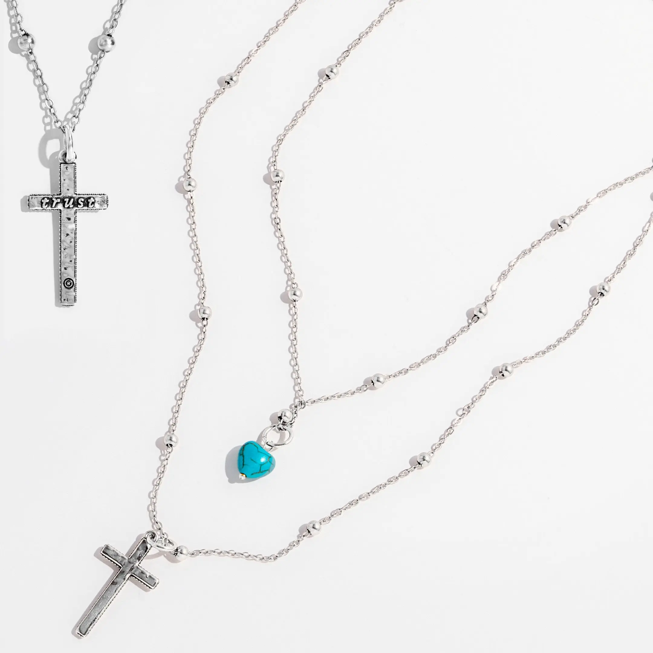 Trust Cross Dainty Necklace - 36" Satellite Chain with Gemstone Accent Cross Pendant in Antique Gold or Silver Finish Secure Magnetic Clasp Elegant Design Blue Howlite Heart Option Religious Jewelry