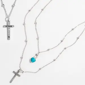 Trust Cross Dainty Necklace - 36" Satellite Chain with Gemstone Accent Cross Pendant in Antique Gold or Silver Finish Secure Magnetic Clasp Elegant Design Blue Howlite Heart Option Religious Jewelry