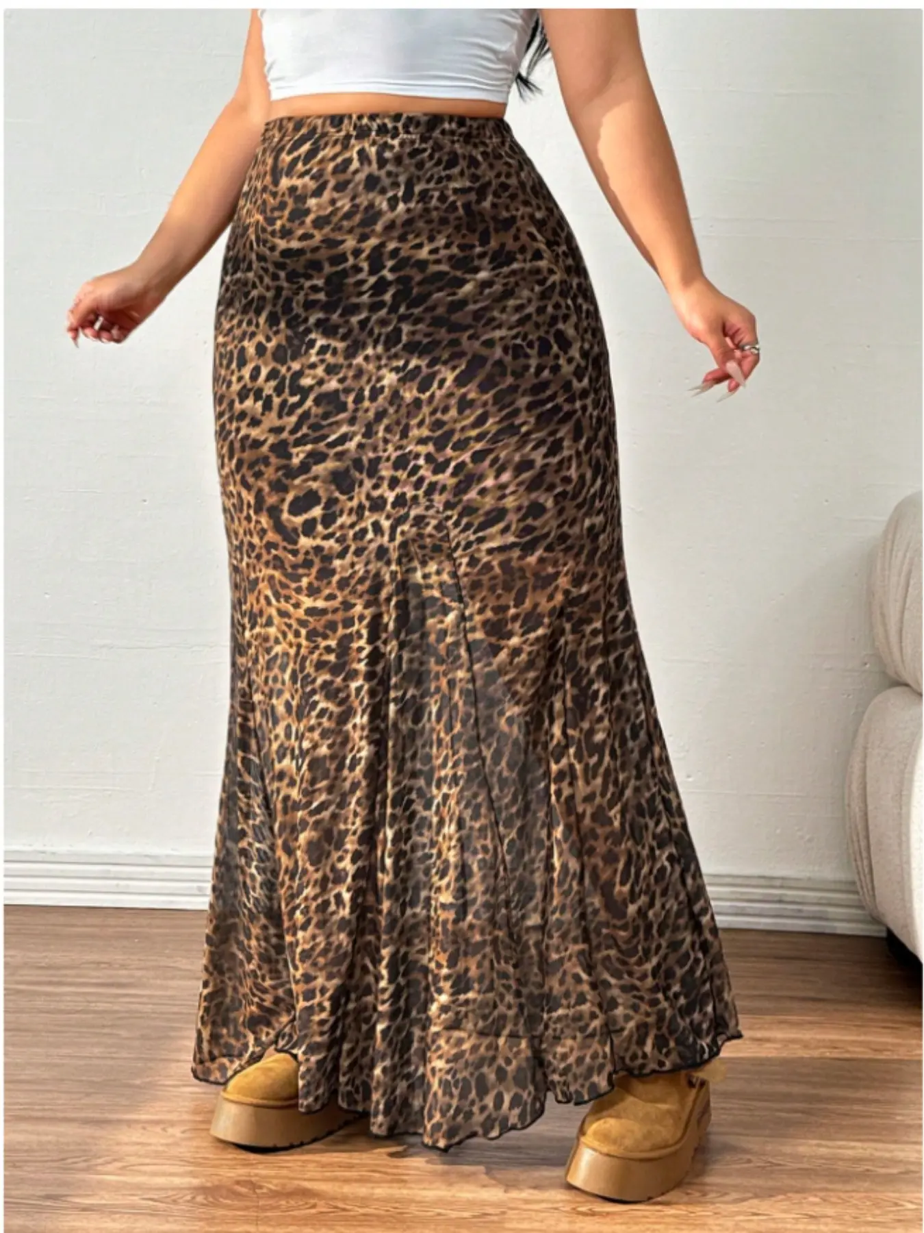Plus Size Women's Vintage Leopard Print Mermaid Skirt, Bodycon Skirt, High-Waisted Fit Slimming Long Skirt, Elegant Chic Floral Pattern, All Seasons Wear, Womenswear, Slim Fitting Skirt