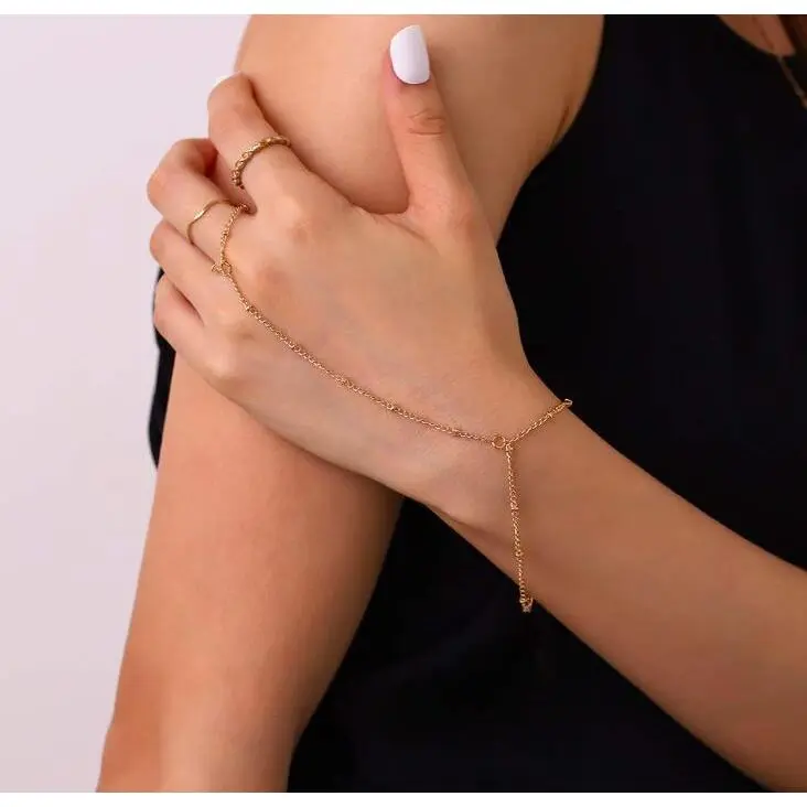 Minimalist Style Link Chain Finger Rings Bracelet For Women Hand Harness Connected Bracelets Rings Jewelry