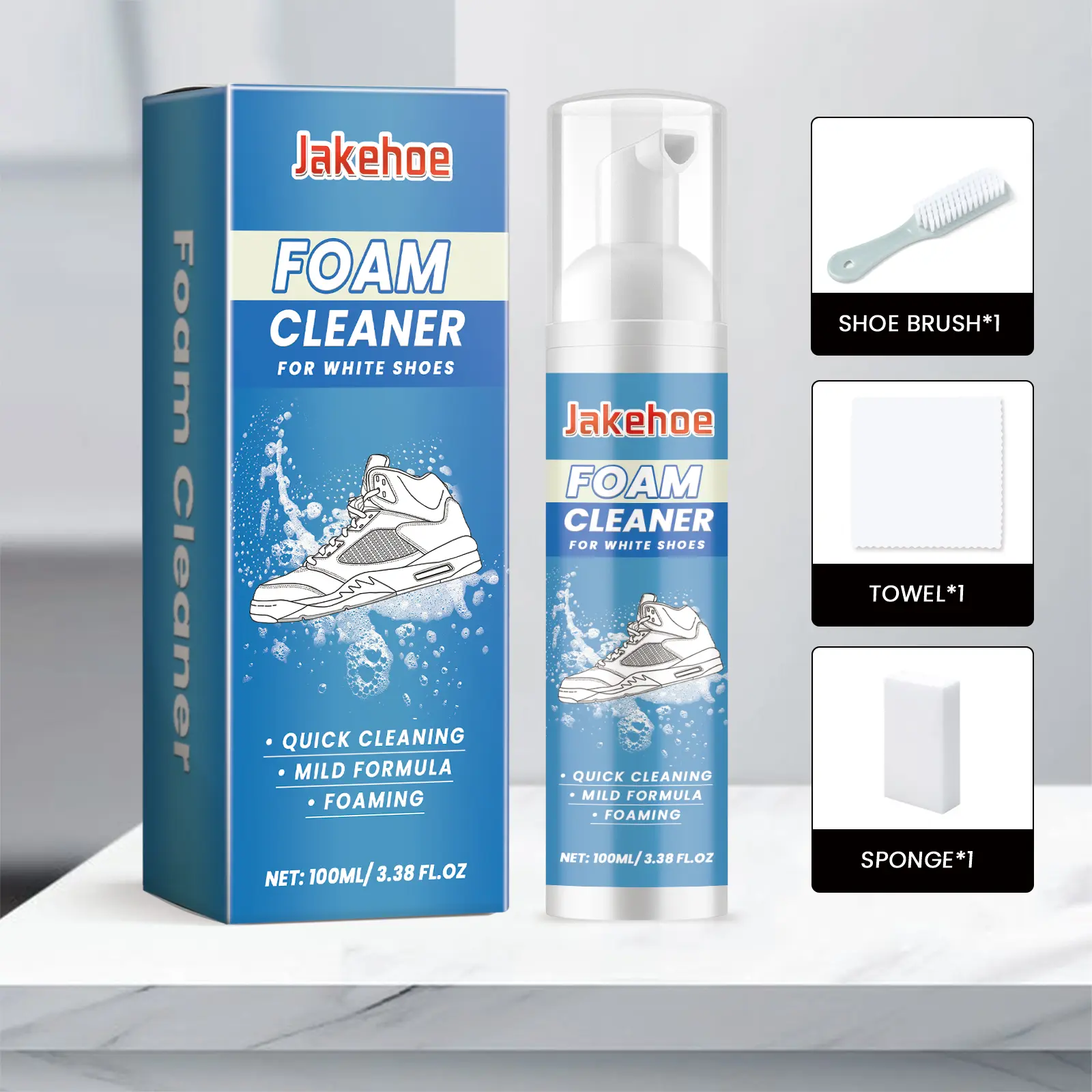 Shoe Cleaning Kit with 100 mL Foam Cleaner, Brush, Sponge and Towel for Sneakers, Uppers, Rubber Soles and Midsoles