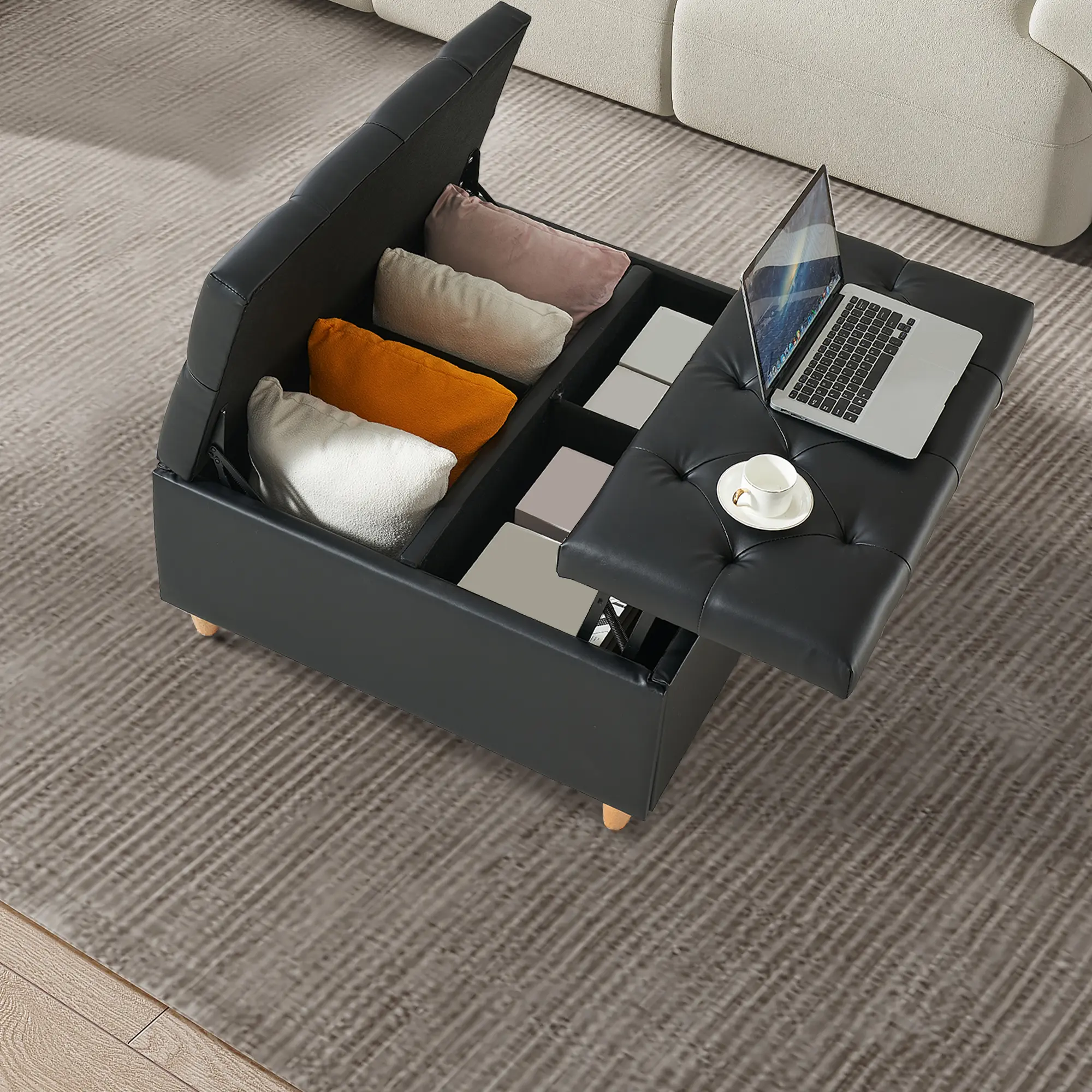 OUTGOODS Sherpa Fabric Tufted Square Ottoman - 34.6x34.6x18 in Wood Footstool, 300 lbs Capacity Beige Multifunctional Hidden Storage Living Room Furniture, 1x Assembly Kit, 1x Instruction Manual, Space-Saving Compartments, Entryway Use, Assembly Required,