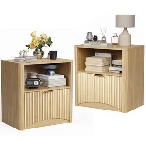23 Inch Mid Century Modern Fluted bedside table with Drawer, Waterproof Oak Bedside Table, Wooden Bedroom Furniture, Storage End Table - Light Oak Color, 1pcs