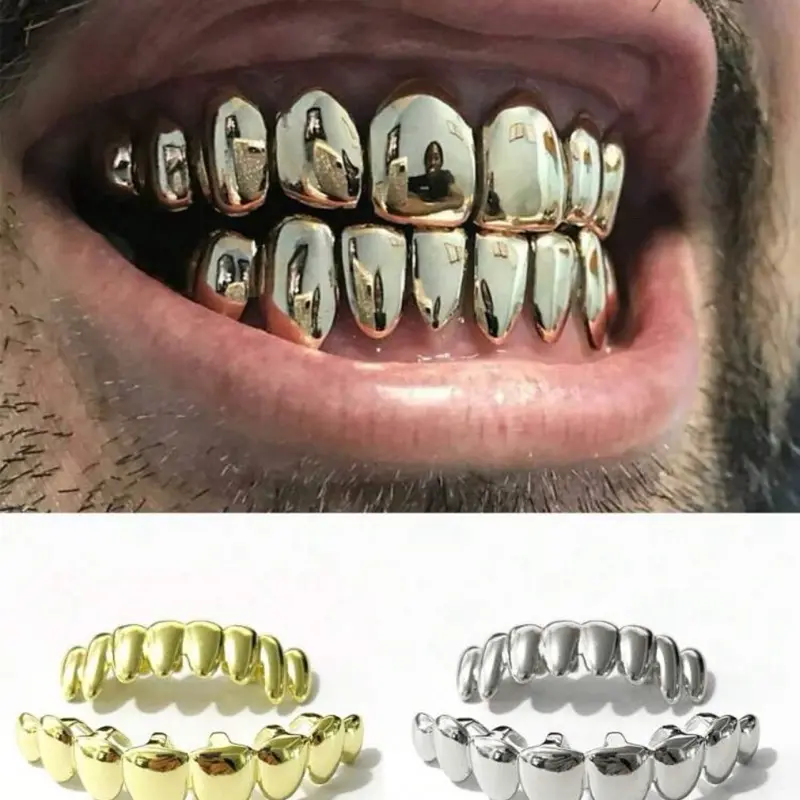 Unisex Smooth Polished Shiny Metallic Teeth Grills, Comfortable Easy-to-Wear Hip-Hop Costume Jewelry (Gold-Tone, Silver Options) for Parties, Teeth Accessory