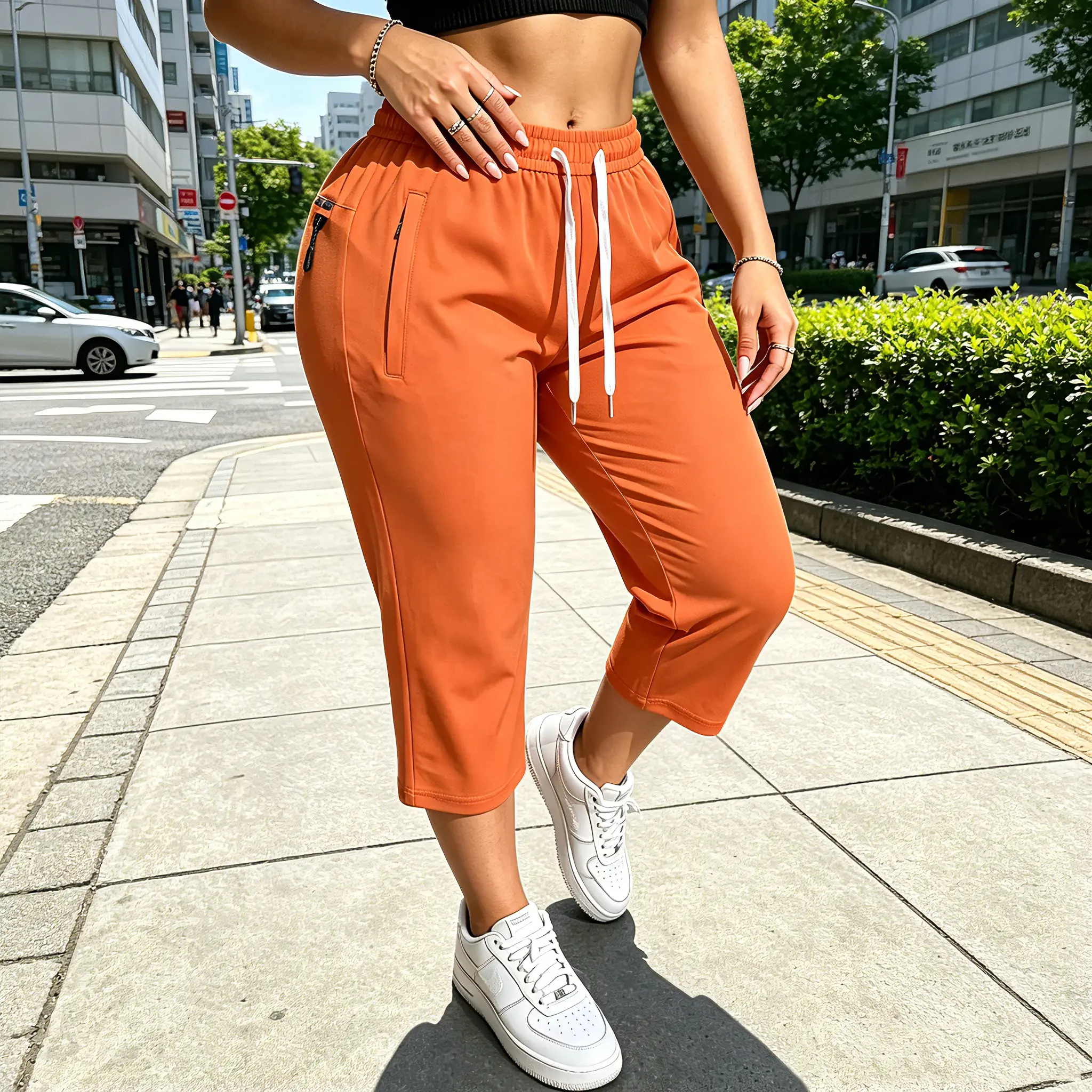 orange High-Stretch Ice Silk Capri Pants for Women Quick-Dry Lightweight 7/8 Jogger Pants with 3 Zipper Pockets, Elastic Waist Athletic Casual Trousers for Running, Gym & Everyday Wear Womenswear Athleisure Style Bottoms
