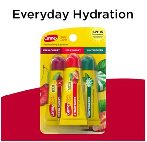 Carmex Daily Care Moisturizing Lip Balm Pack, Lip Balm With Sunscreen in Fresh Cherry, Strawberry and Wintergreen -0.35 Ounce (Pack of 3)