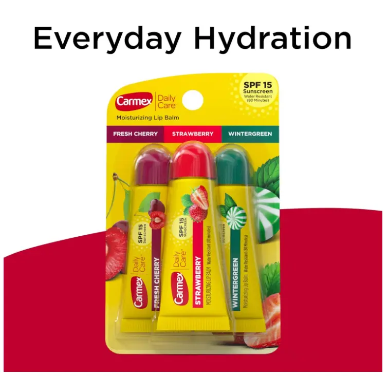 Carmex Daily Care Moisturizing Lip Balm Pack, Lip Balm With Sunscreen in Fresh Cherry, Strawberry and Wintergreen -0.35 Ounce (Pack of 3)