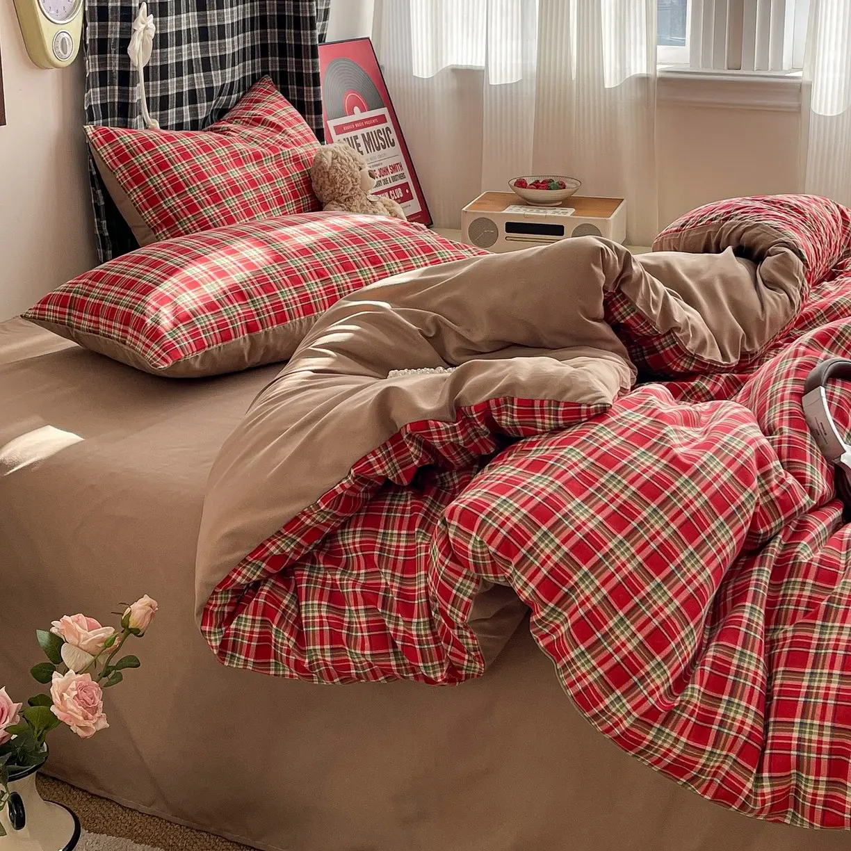Plaid Scottish Floral Print Bedding Set, Single & Twin Beds, Polyester Material, 3-Piece Set, Bedroom/guest Room Decor, Bedroom Bedding Sets, Floral Pattern, Decorative Bedding Set