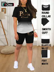 Summer Round Neck Short Sleeve Plain Printed T-Shirt Shorts Set, Casual Loungewear Set, Casual Fitted Cartoon Pattern, Women's Fashion, Womenswear Outfit, Clothing Set