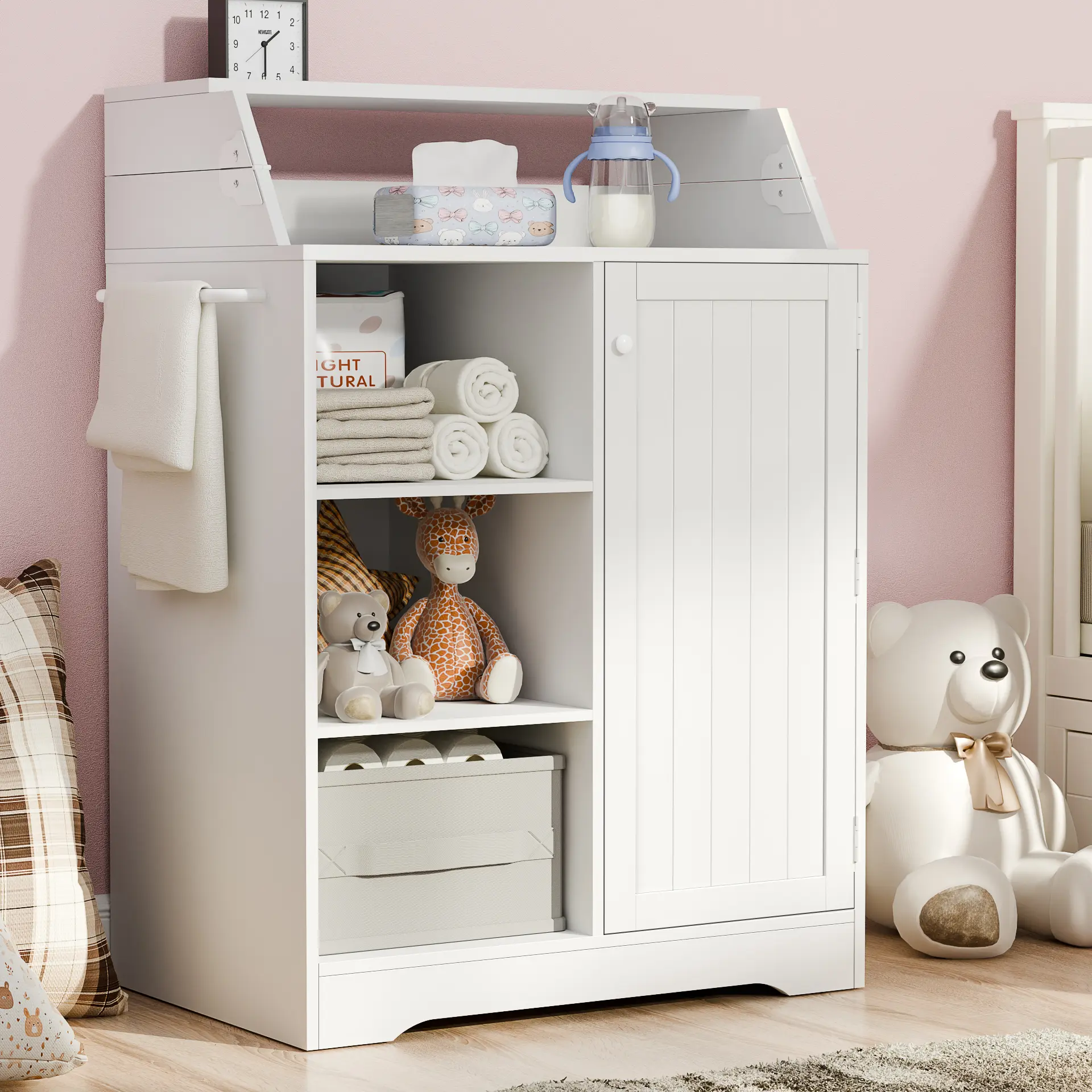 Gyfimoie Baby Changing Table with Foldable Tabletop, White Storage Cabinet with Storage Shelf & Door Rack, Modern Diaper Changing Station with Storage or with 3 drawers