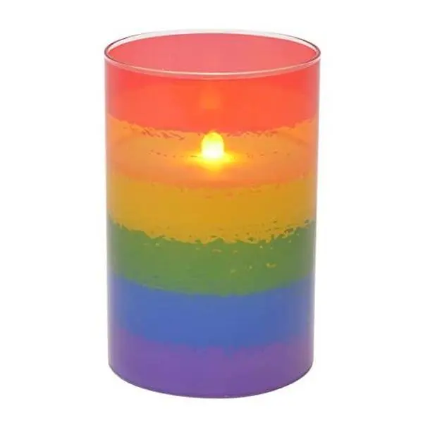Rainbow Pride Flameless LED Glass Pillar Candle, 4 x 6 Inch, Battery Operated Decorative Candle, LGBTQ+ Home Décor, Colorful Flickering LED Candle