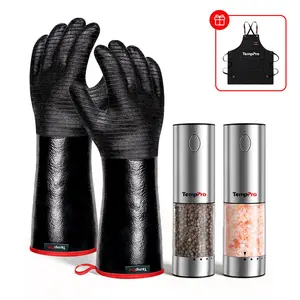 Fathersdaygifts-TempPro Kitchen Essentials, 3-Pocket Canvas Apron, 932°F BBQ Gloves & Rechargeable Electric Salt & Pepper Grinder Set