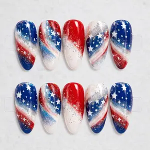 yonne USA 250th Anniversary Glitter Ombre Press-On Nails, Red Blue Sparkle Fade, Star Accent Design, Firework Inspired Nails