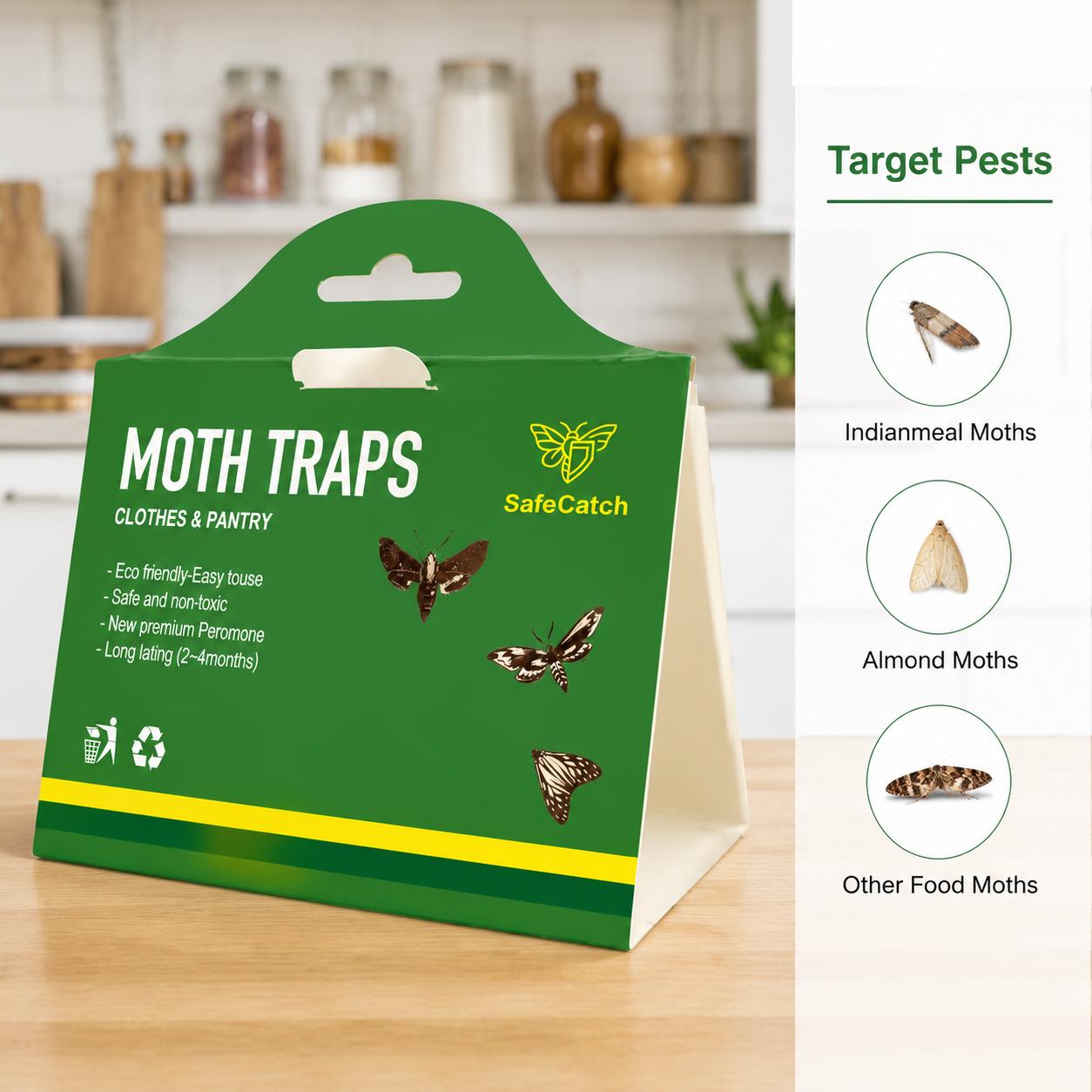 10-Pack Paper Pantry Moth Pheromone Glue Traps - Safe, Effective Indoor Residential Pest Control for Food Cupboards, Wool Closets, Multiple Bugs