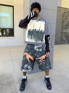 Printed Casual Denim Shorts, Five-Quarter Jeans, Star Pattern, American Street Style, Fashion Daily Wear, High Waist, Button Fly, All Seasons