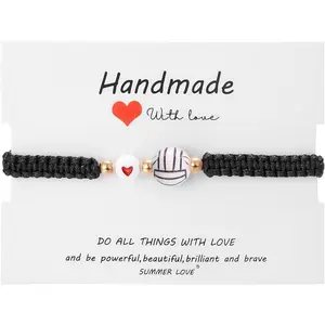 Adjustable Unisex Braided Sports Bracelets With Card Handmade Beaded Ball Charm for Soccer Football Rugby Baseball, Perfect Jewelry Gifts for Women Men Sports Team Party Favors