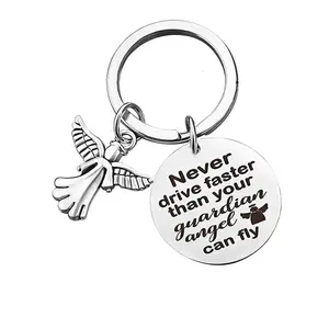 1/20pcs Stainless Steel Guardian Angel Keychain - "Never Drive Faster Than Your Angel Can Fly" Engraved Circular Tag with Dove Charm - Ideal New Driver Gift for Women & Girls, Perfect Christmas & Thanksgiving Keepsake, Angel Jewelry