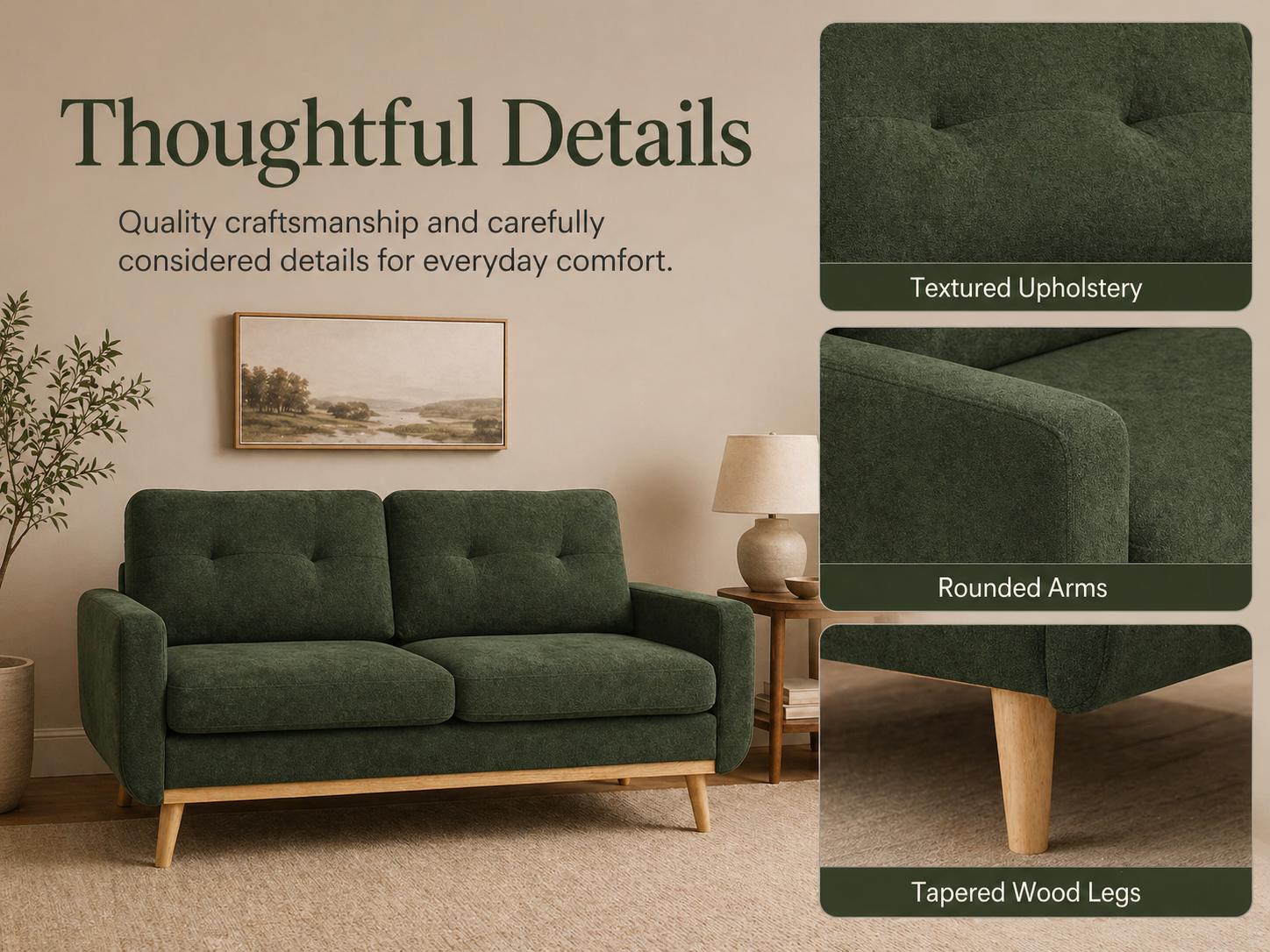 Loveseat Sofa Mid Century Modern Upholstered 2 Seat Couch with Wood Legs, Small Space Fabric Sofa for Living Room, Apartment, Bedroom, Office