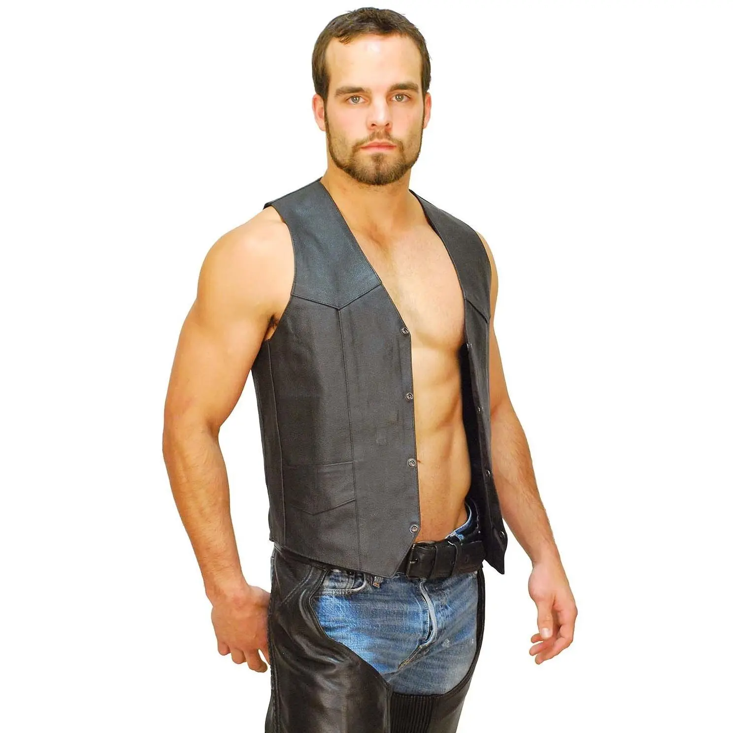 JAMIN LEATHER® Buffalo Leather Motorcycle Biker Vest VM802K for Men Classic Style Sleeveless with Front & Concealed Pockets Black Heavy Duty Snaps