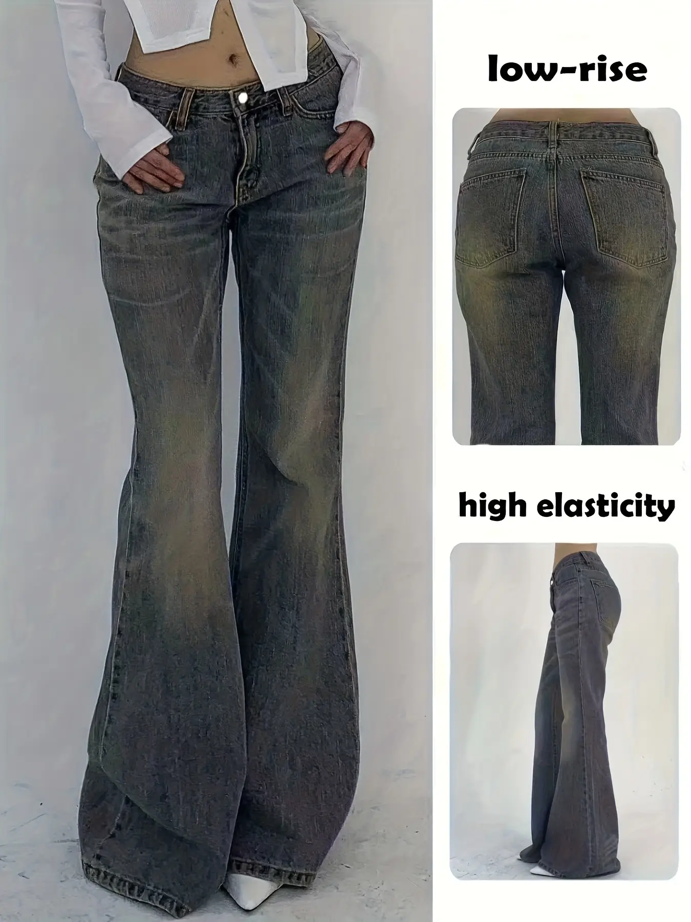 Casual Fashion Women's Vintage Washed High Stretch Low Waist Denim Fit Jeans, Flare Leg Denim, Denim Flare Pants, Daily Wear Everyday, Comfortable and Stylish