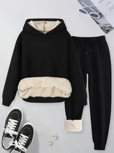 Women's Winter Plus Size Plain Hooded Lamb Fleece Sweatshirt Set, Casual Long Sleeve Two-Piece, Warm Pants & Top Set