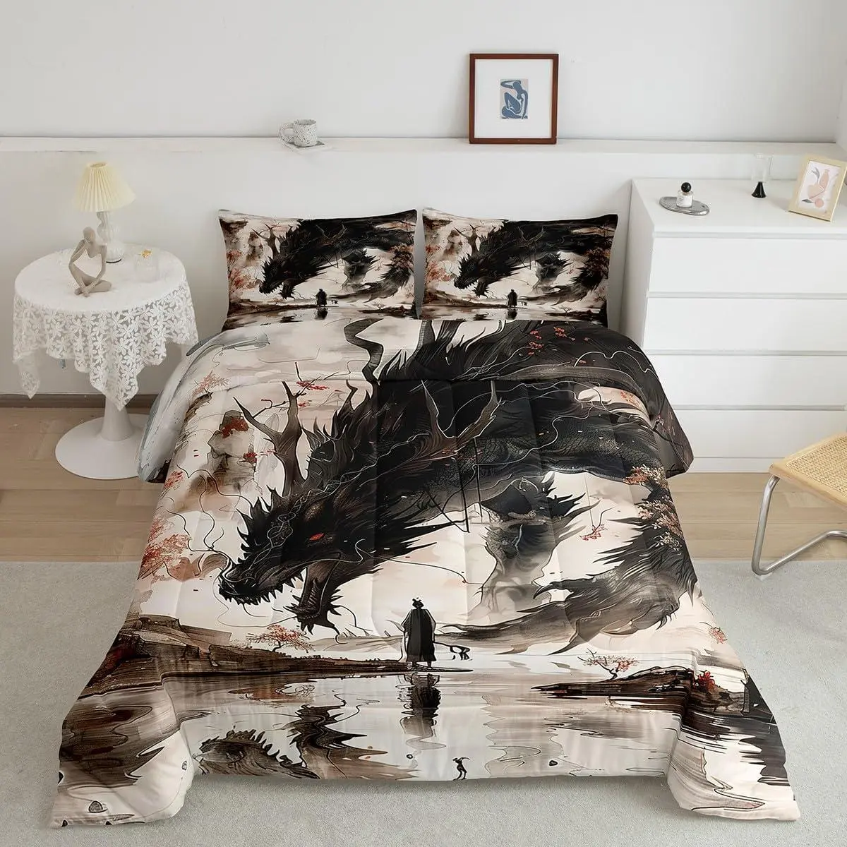 Dragon Comforter Set Japanese Style Comforter for Boys Girls Teens Samurai Bedding Set Japanese Ukiyoe Duvet Set Room Decor Black Beige Quilt Set