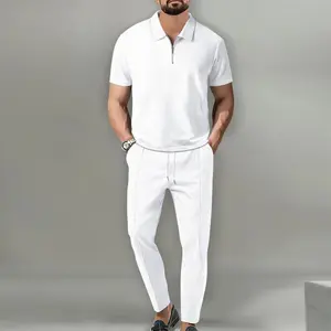 Men's Fall Wear Solid Color Suit Waffle Lapel Short Sleeve Zipper Trousers Suit