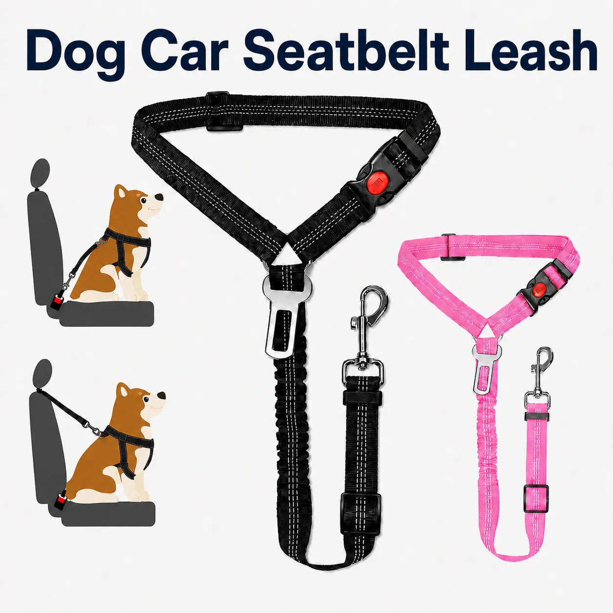 Pet Dog & Cat Car Seat Belt, Adjustable Nylon Webbing Seatbelt with Elastic Bungee Buffer, 360° Swivel Hook, Universal Fit for Secure Restraint & Reduced Pulling, Vehicle Travel Pet Accessory