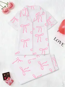 Valentine's Day Women‘s Pajama Set Bowknot Printed Short Sleeve Long Pants Homewear Soft Sleepwear Loungewear Casual Romantic Loose-Fitting, All Seasons, Elegant Style