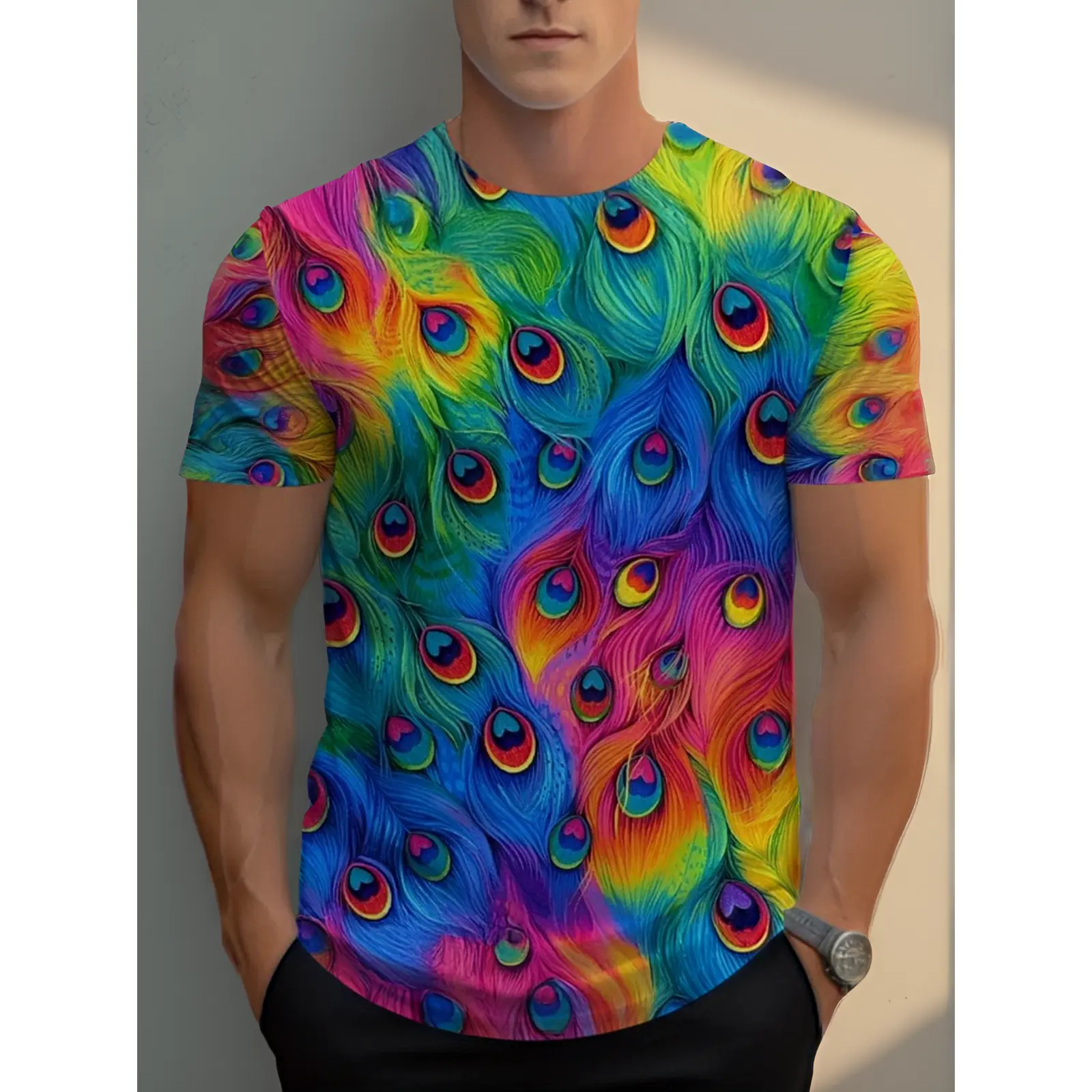 Men' Peacock Feather Print T-Shirt - Soft Lightweight Fabric Suitable for Restaurant Wear & Casual Outfits, Vibrant Peacock Feather Design, Round Neck Comfortable Fit, Machine Washable for Daily Use & Year-Round Wear