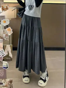 Women's High-Waisted Long Skirt, Casual Plain Design, Fall & Winter Wear, Comfortable Loose-Fitting Dress for Daily Use, Stretchy Flared Skirt, Elastic Skirt