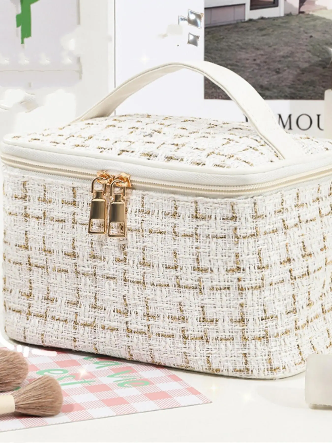 Plaid Pattern Travel Toiletry Bag, Large Capacity Portable Toiletry Bag, Zipper Makeup Bag, Dustproof Cosmetic Storage Bag, Travel Storage Organizer