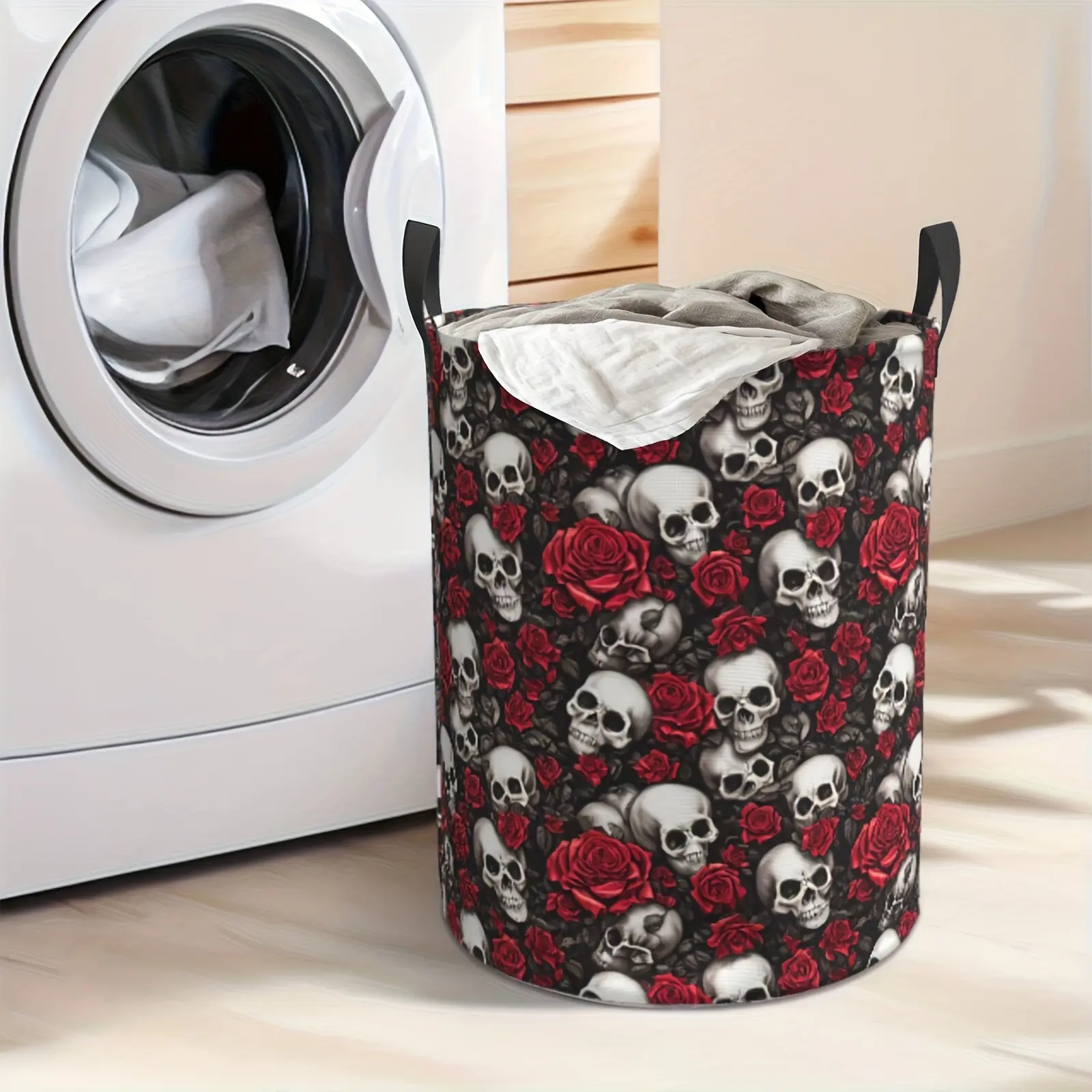 Halloween Sugar Skulls & Vintage Roses Laundry Basket - Foldable High Quality Oxford Cloth Hamper with Sturdy Handles, 15.7x19.6 Inch Decorative Clothes Storage Organizer for Bathroom, Bedroom, Toy Storage, Laundry Baskets