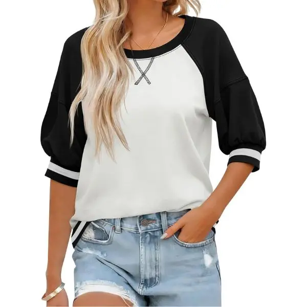 Fisoew Women's Crewneck Ribbed Raglan Half-Sleeve Color Block Loose Fit Casual Activewear Sweatshirt - Breathable, Fashionable, Lightweight Pullover Top, Oversized, Soft, Streetwear, Colorblock Women's T-Shirts, Ribbed Crewneck Women's T-Shirts, Patterned