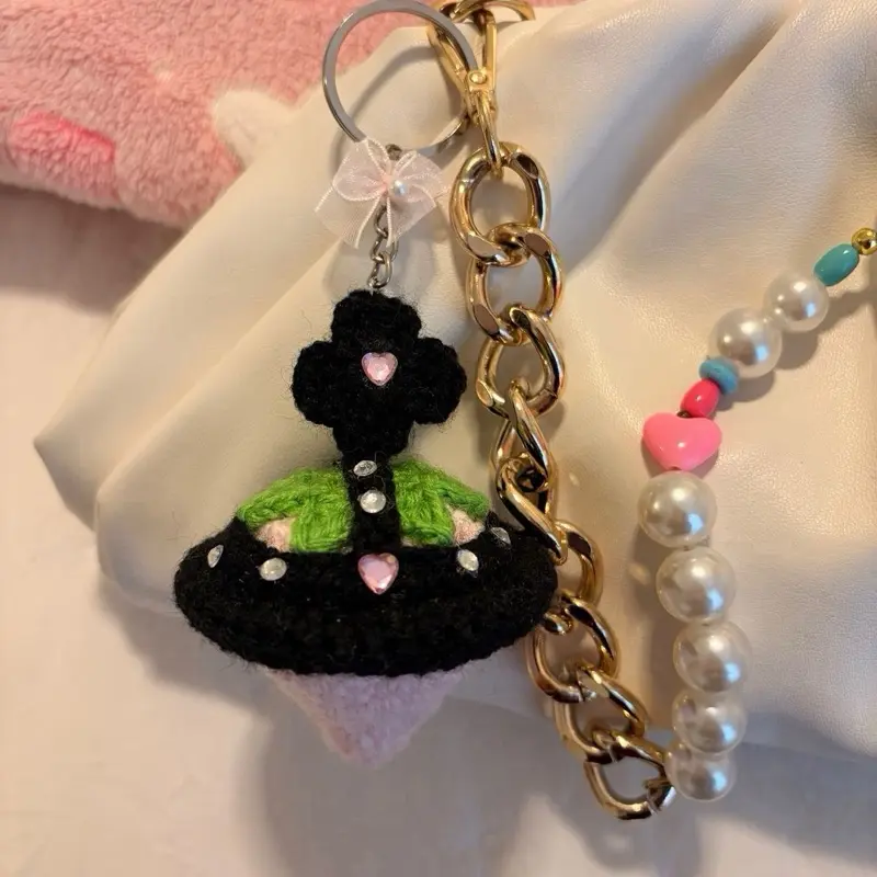 Nana Strawberry Charm Keychain with silver Chain with bow and Pearl Beads Adorable Key Ring for Bags and Purses
